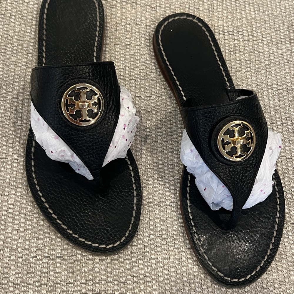 Tory Burch Black Leather Thong Sandals